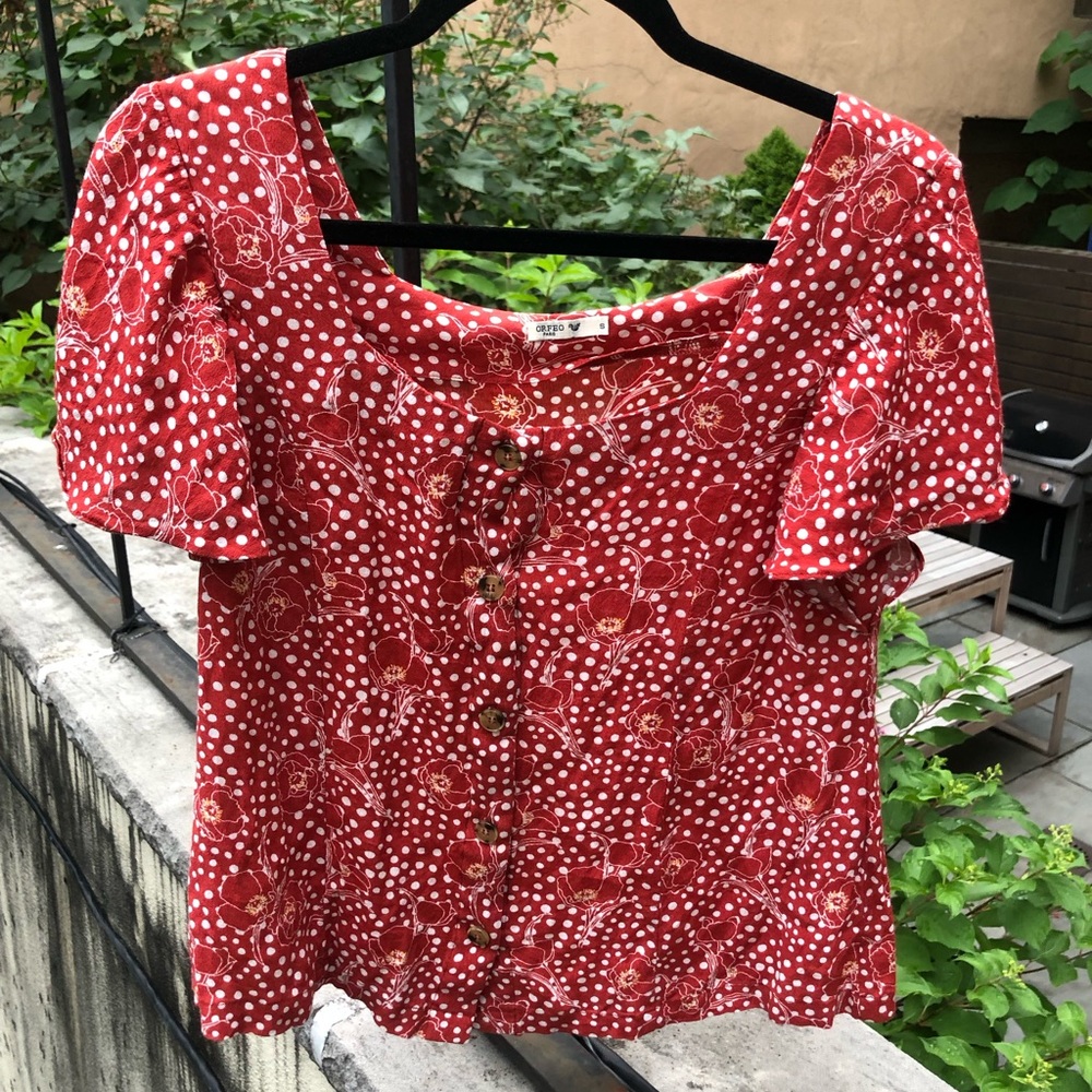 Parisian short sleeve blouse - red and white with polka dot and flower pattern.